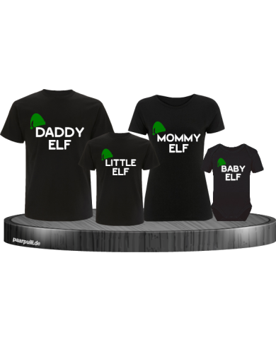 Elf Familienlook bedruckt auf schwarze t-shirts mit weißer schrift und grünen mützen.