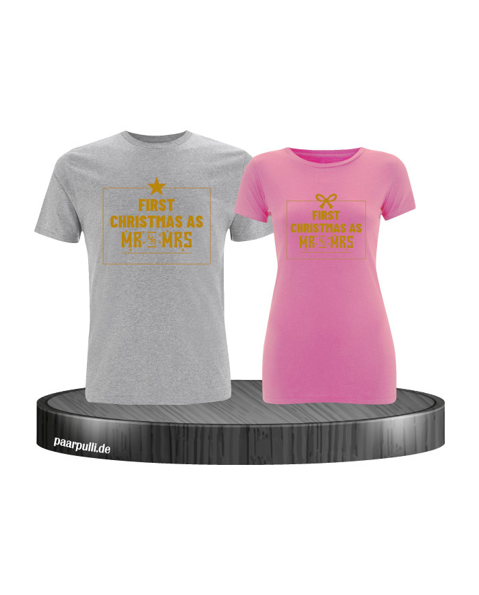 First Christmas as Mr and Mrs Weihnachten Partnerlook T-Shirts in gold grau rosa