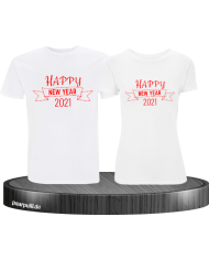Happy New Year 2021 partnerlook shirts weiß rot