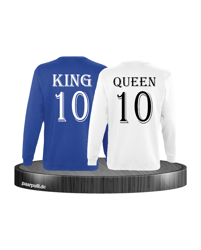 Pärchen Sweatshirts King und Queen bedruckt mit einer Wunschzahl in blau weiß
