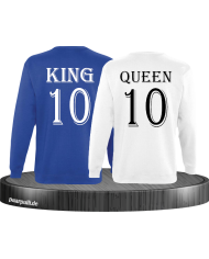 Pärchen Sweatshirts King und Queen bedruckt mit einer Wunschzahl in blau weiß