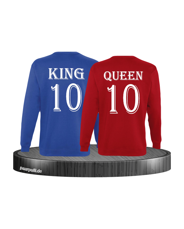 Pärchen Sweatshirts King und Queen bedruckt mit einer Wunschzahl in blau rot