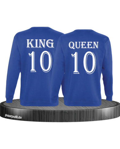 Pärchen Sweatshirts King und Queen bedruckt mit einer Wunschzahl in blau Pärchen Sweatshirts King und Queen bedruckt mit einer Wunschzahl in blau