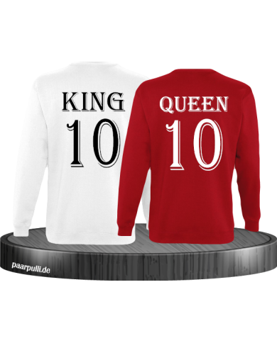 Pärchen Sweatshirts King und Queen bedruckt mit einer Wunschzahl in weiß rot