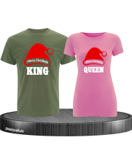 King queen weihnachtsmütze pärchen t shirts in khaki rosa