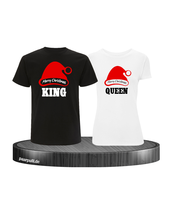 King queen weihnachtsmütze pärchen t shirts in schwarz weiß