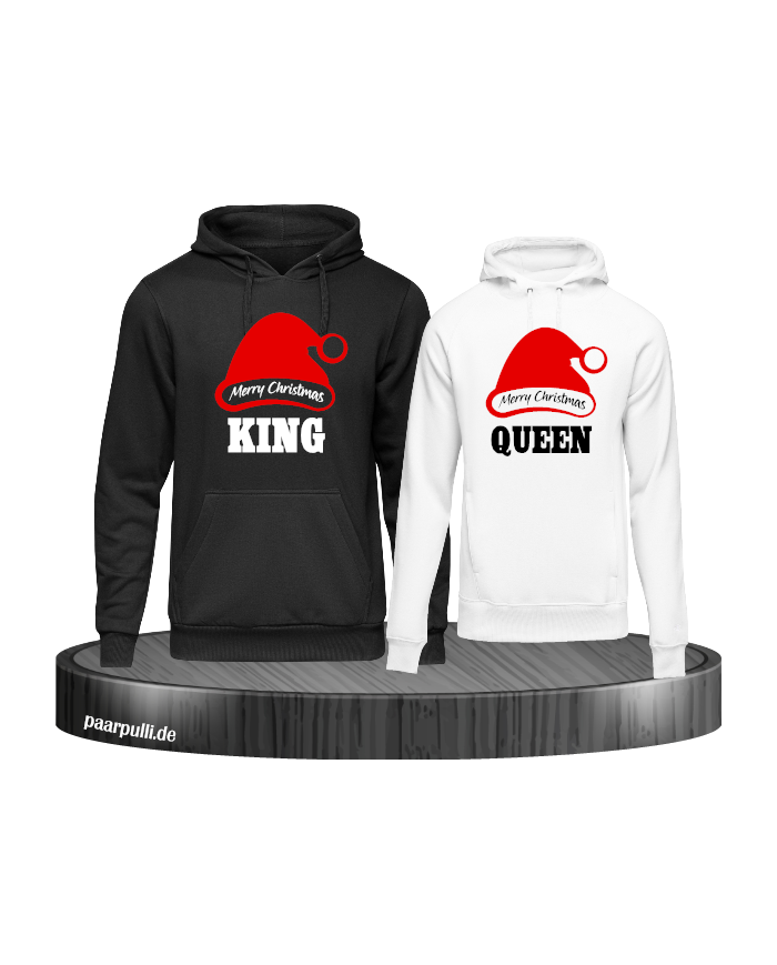 King queen weihnachtsmütze pärchen hoodies in schwarz weiß