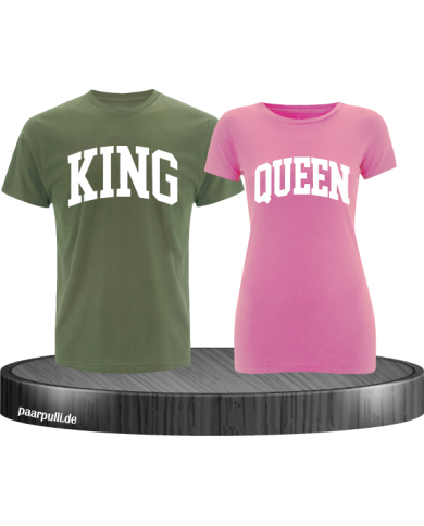 King und Queen Pärchen Shirts in khaki rosa