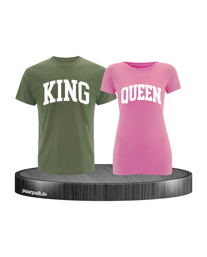 King und Queen Pärchen Shirts in khaki rosa