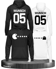 Hoodies bedruckt mit Pac Man Design beidseitg für Pärchen in der Farbe weiß schwarz