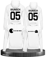 Hoodies bedruckt mit Pac Man Design beidseitg für Pärchen in der Farbe weiß
