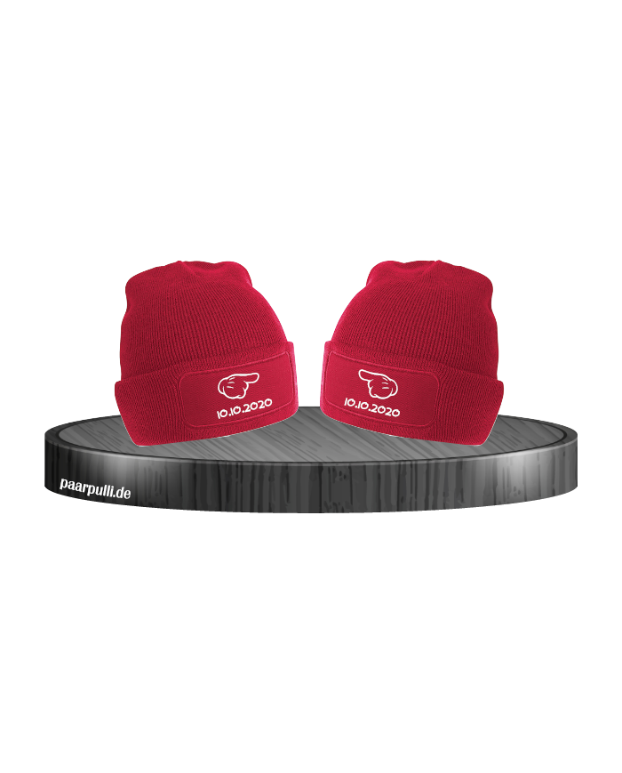 Comic Hände mit Wunschdatum Partnerlook Beanies in verschiedenen Farben