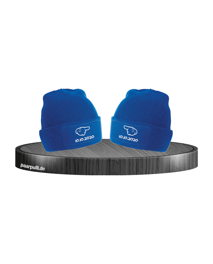 Comic Hände mit Wunschdatum Partnerlook Beanies in verschiedenen Farben
