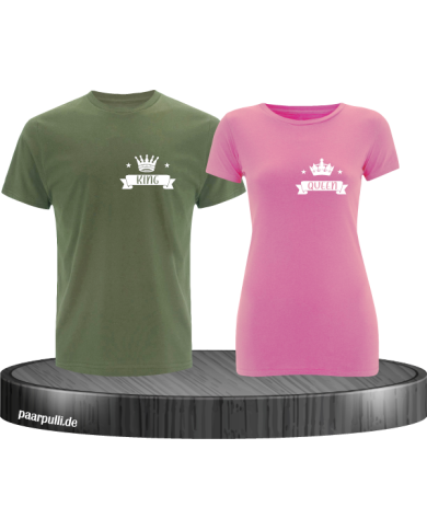 King und Queen T-Shirts bedruckt auf der Brust in khaki rosa King und Queen T-Shirts bedruckt auf der Brust in khaki rosa