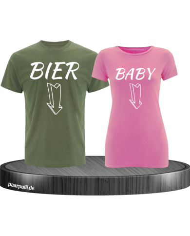 Bier und Baby Partnerlook T Shirts in khaki rosa Bier und Baby Partnerlook T Shirts in khaki rosa