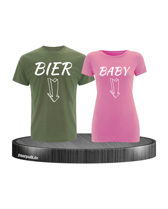 Bier und Baby Partnerlook T Shirts in khaki rosa