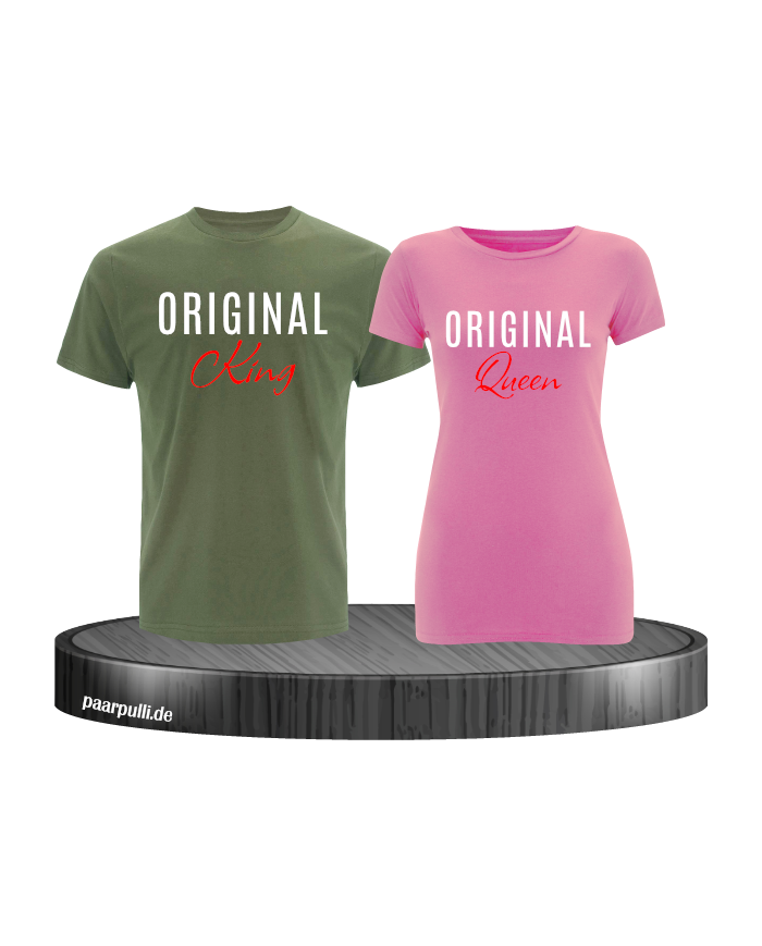 Original King und Original Queen T-Shirts in khaki rosa