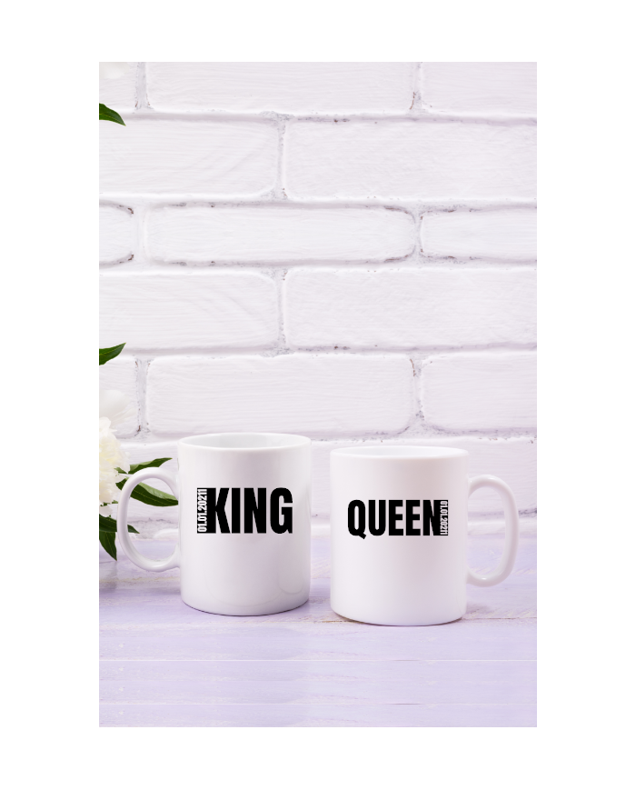 King und Queen mit seitlichem Wunschdatum Tassen im Set