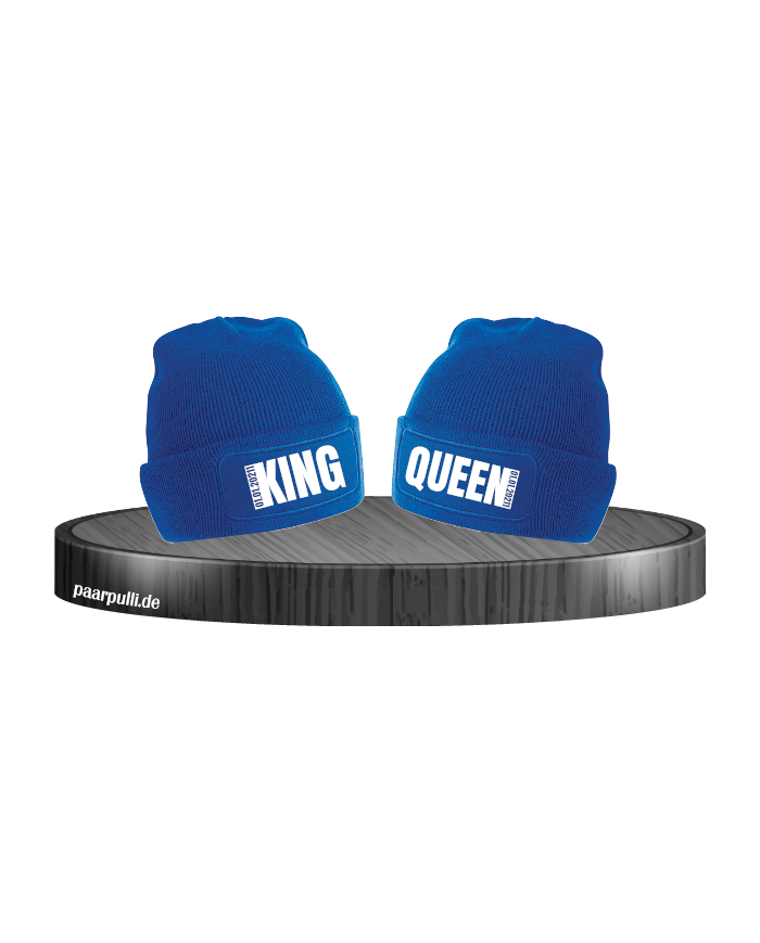 King Queen Mützen mit Wunschdatum in blau