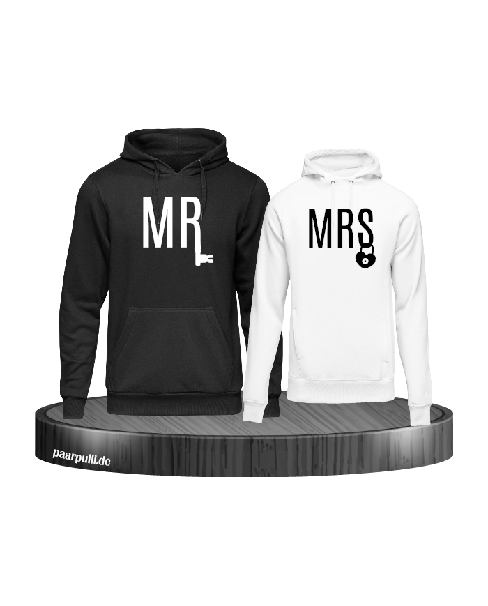 Mr und Mrs mit schloss und schlüssel hoodies in schwarz weiß