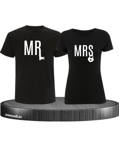 Mr. und Mrs. mit Schloss und Schlüssel Partnerlook T-Shirts in schwarz