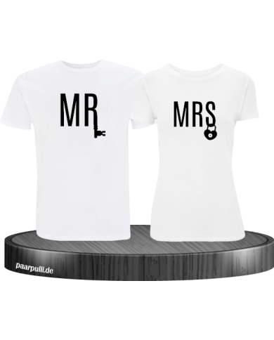 Mr. und Mrs. mit Schloss und Schlüssel Partnerlook T-Shirts in weiß Mr. und Mrs. mit Schloss und Schlüssel Partnerlook T-Shirts in weiß