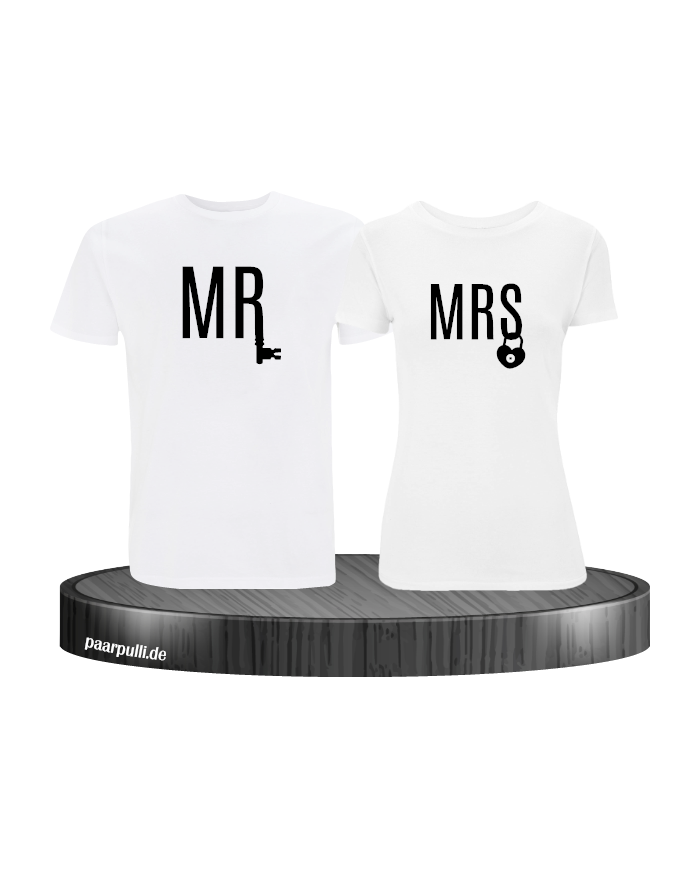 Mr. und Mrs. mit Schloss und Schlüssel Partnerlook T-Shirts in weiß