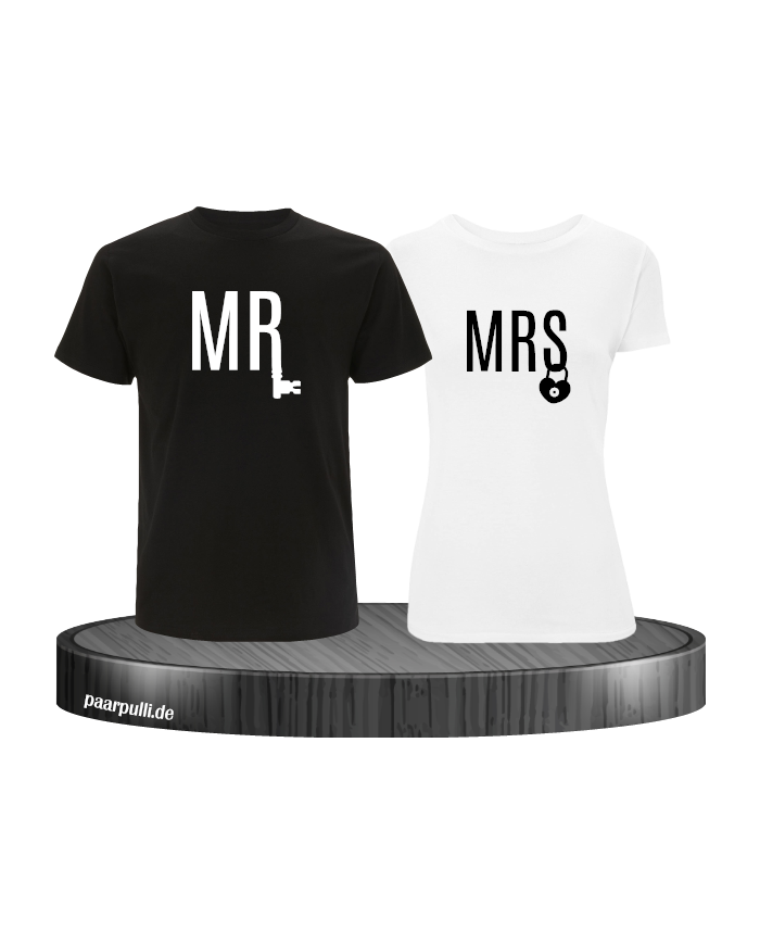 Mr. und Mrs. mit Schloss und Schlüssel Partnerlook T-Shirts in schwarz weiß