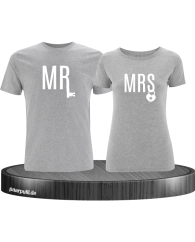 Mr. und Mrs. mit Schloss und Schlüssel Partnerlook T-Shirts in grau Mr. und Mrs. mit Schloss und Schlüssel Partnerlook T-Shirts in grau