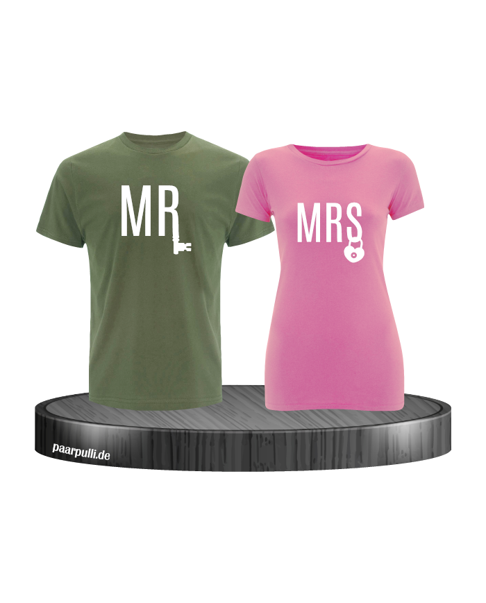 Mr. und Mrs. mit Schloss und Schlüssel Partnerlook T-Shirts in khaki rosa