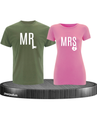 Mr. und Mrs. mit Schloss und Schlüssel Partnerlook T-Shirts in khaki rosa