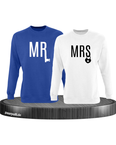 Mr und Mrs mit Schloss und Schlüssel Partnerlook Sweatshirts in blau weiß