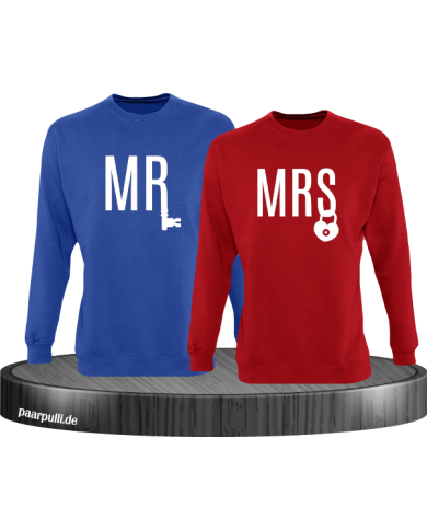 Mr und Mrs mit Schloss und Schlüssel Partnerlook Sweatshirts in blau rot Mr und Mrs mit Schloss und Schlüssel Partnerlook Sweatshirts in blau rot