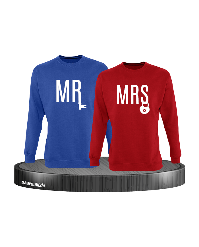 Mr und Mrs mit Schloss und Schlüssel Partnerlook Sweatshirts in blau rot