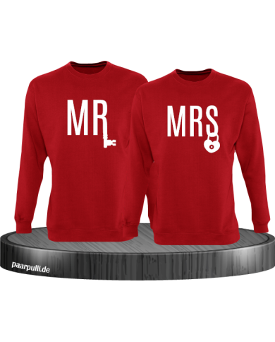 Mr und Mrs mit Schloss und Schlüssel Partnerlook Sweatshirts in rot Mr und Mrs mit Schloss und Schlüssel Partnerlook Sweatshirts in rot