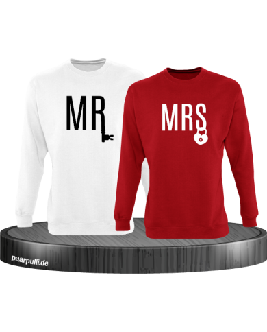 Mr und Mrs mit Schloss und Schlüssel Partnerlook Sweatshirts in weiß rot Mr und Mrs mit Schloss und Schlüssel Partnerlook Sweatshirts in weiß rot
