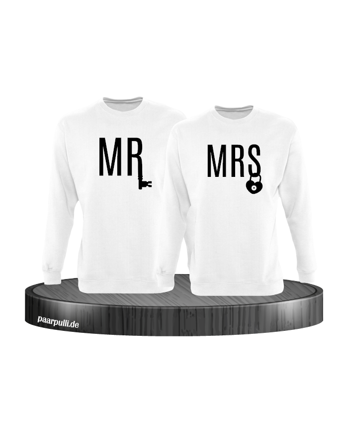 Mr und Mrs mit Schloss und Schlüssel Partnerlook Sweatshirts in weiß