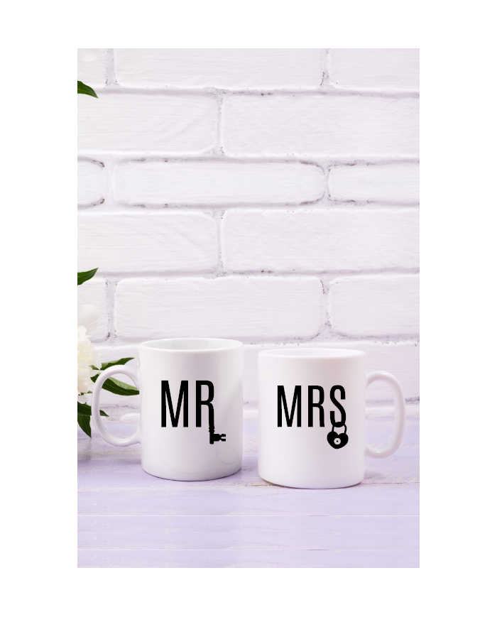 Mr. und Mrs. mit Schloss und Schlüssel Tassen-Set