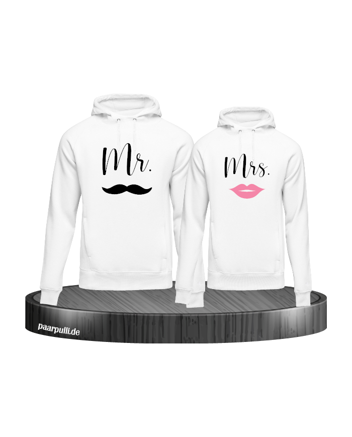 mr und mrs hoodie partnerlook set in weiß mit bart und lippen