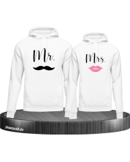 mr und mrs hoodie partnerlook set in weiß mit bart und lippen