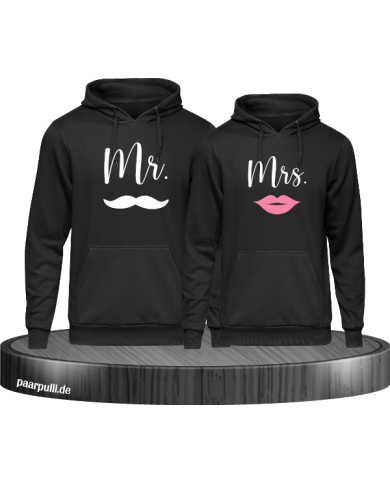 mr und mrs hoodie partnerlook set in schwarz mit bart und lippen