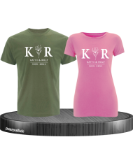 T Shirt Set mit Wunschname und Datum, mit Blumen Aufdruck in edlem Stil