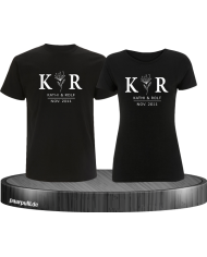 T Shirt Set mit Wunschname und Datum, mit Blumen Aufdruck in edlem Stil