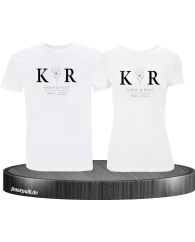 T Shirt Set mit Wunschname und Datum, mit Blumen Aufdruck in edlem Stil T Shirt Set mit Wunschname und Datum, mit Blumen Aufdruck in edlem Stil