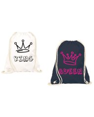 Partner Set aus zwei Turnbeutel mit King und Queen in Pink/Weißer Schrift