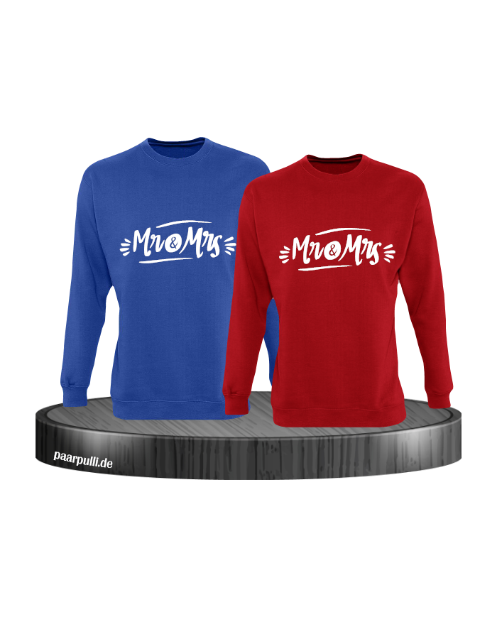verziertes Mr. und Mrs. Partnerlook Sweatshirt blau rot