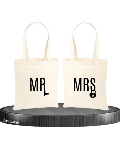 Mr. und Mrs. mit Schloss und Schlüssel Partnerlook Jutebeutel Set Mr. und Mrs. mit Schloss und Schlüssel Partnerlook Jutebeutel Set