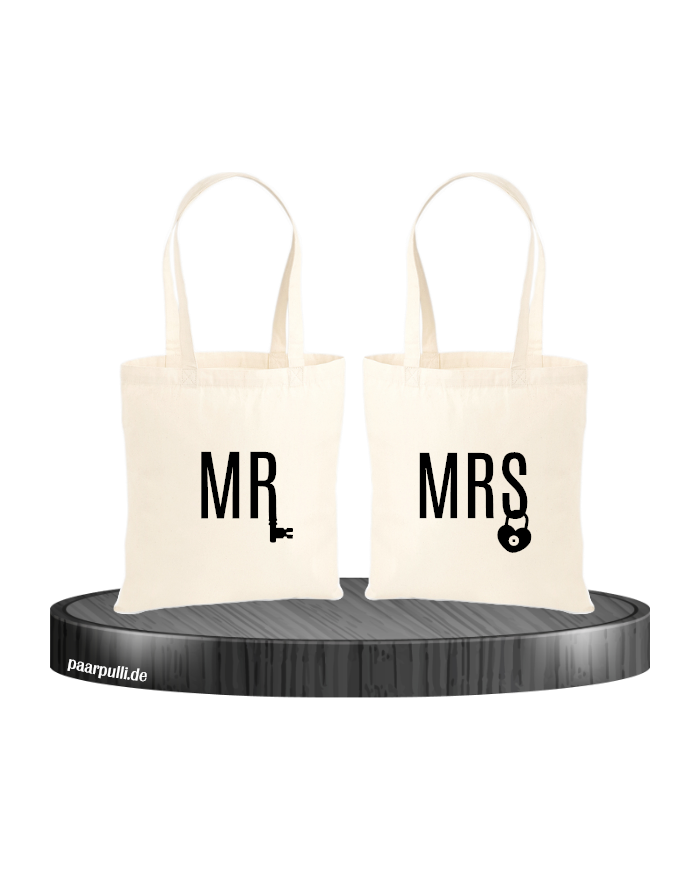 Mr. und Mrs. mit Schloss und Schlüssel Partnerlook Jutebeutel Set