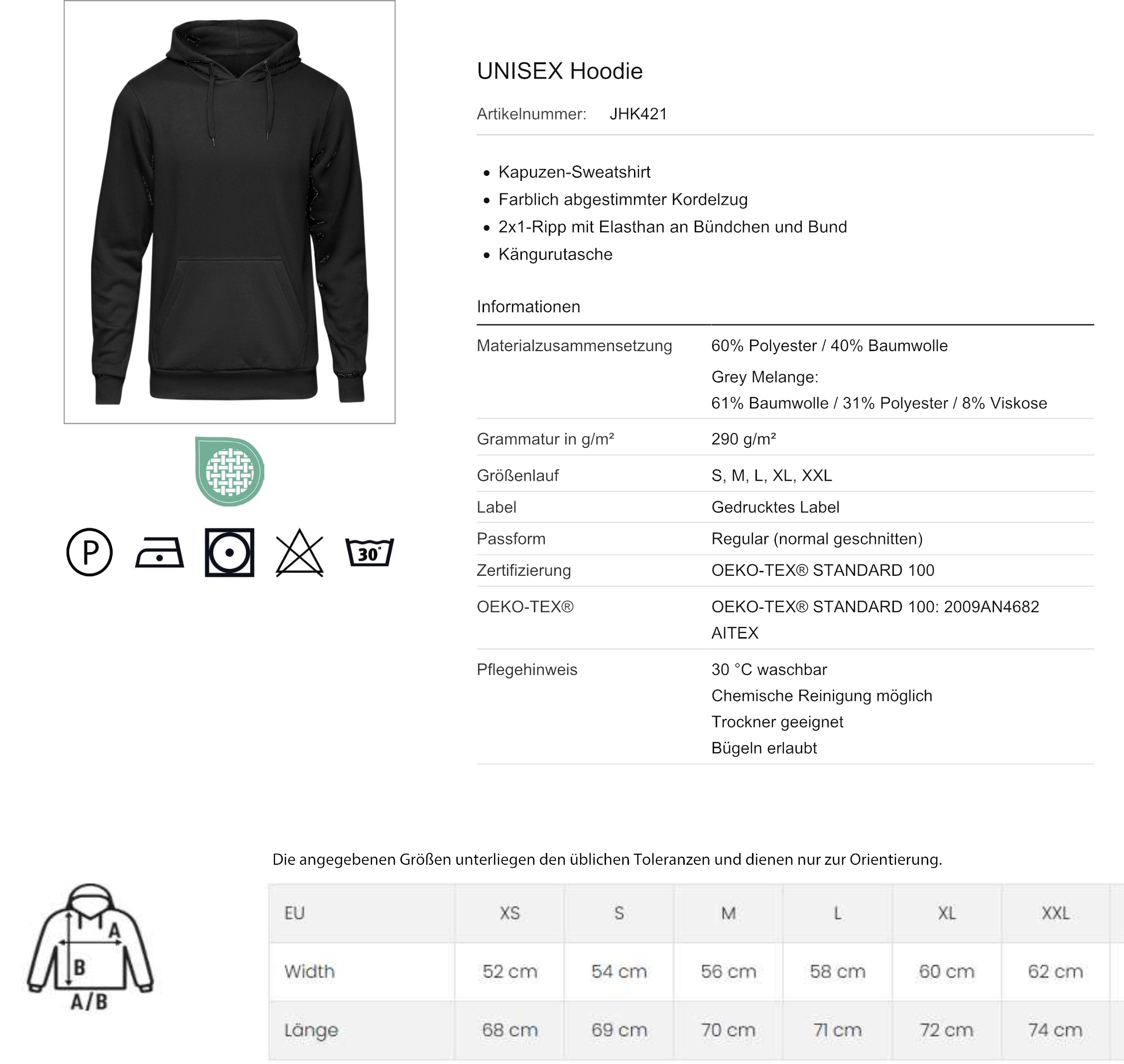 Größentabelle Hoodie Unisex