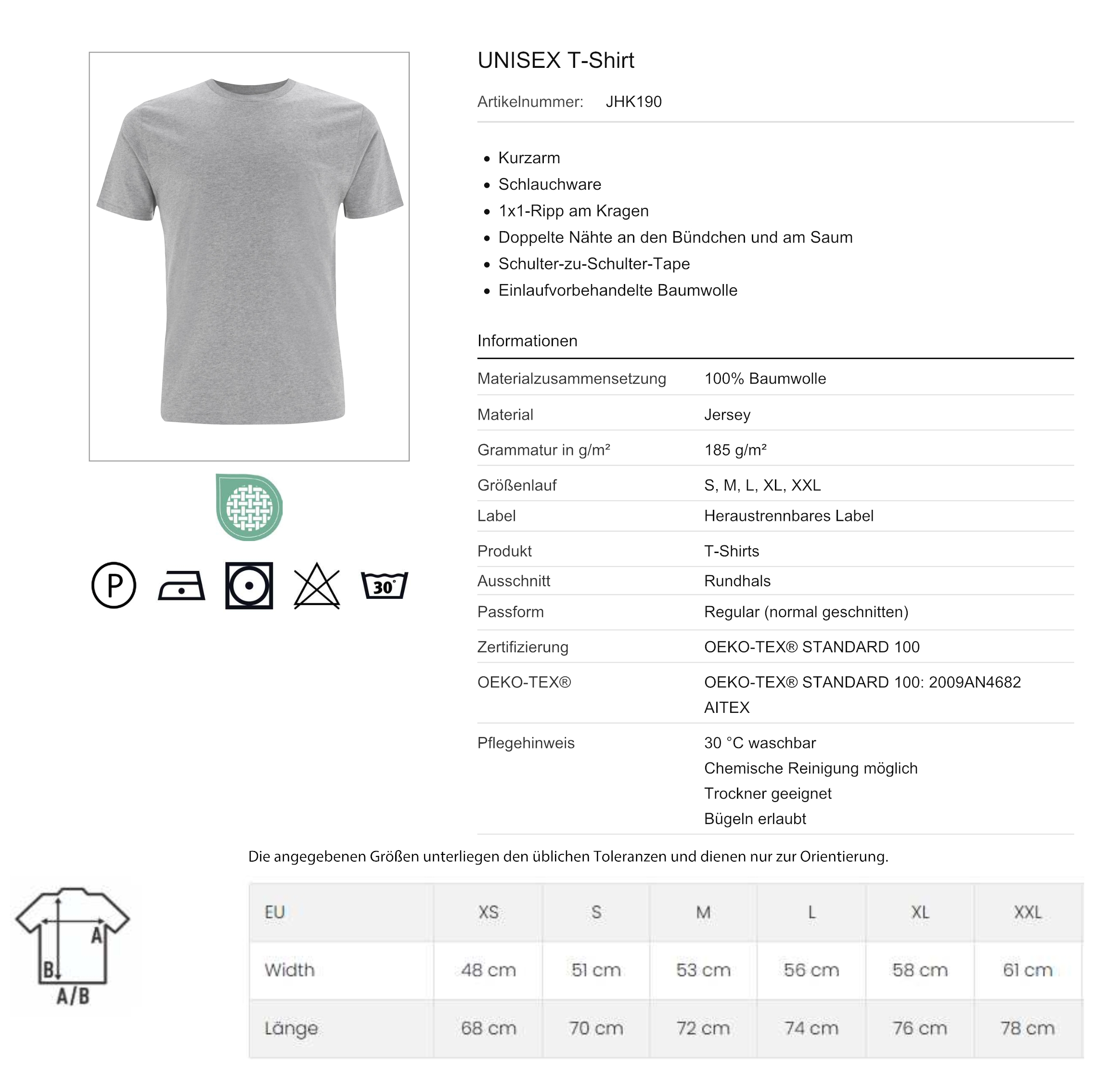 Größentabelle T-Shirt Unisex